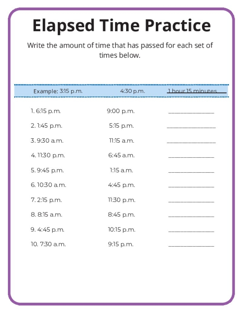 elapsed time worksheets