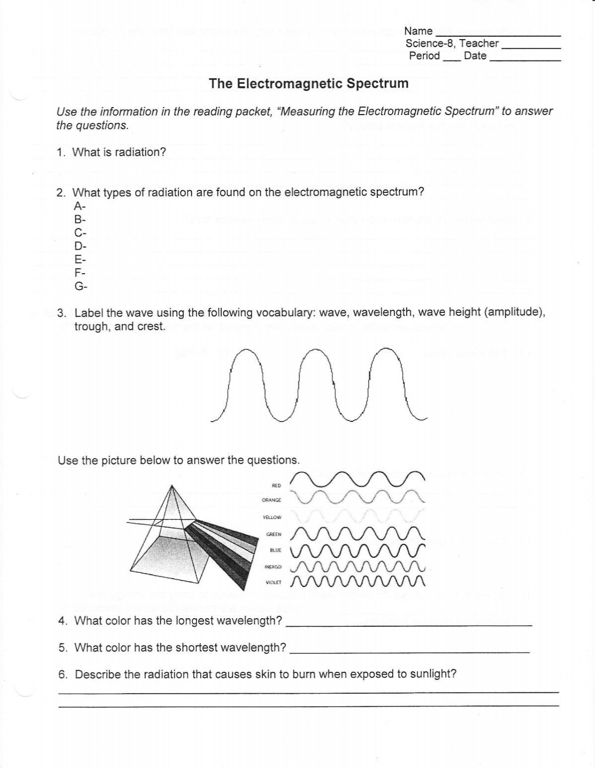 Electromagnetic Spectrum Worksheet