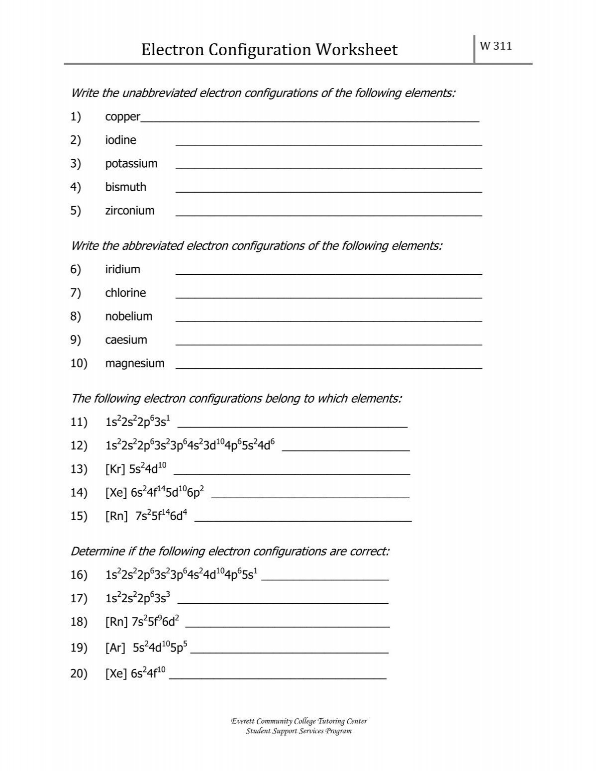 Electron Configuration Worksheet Everett Community College