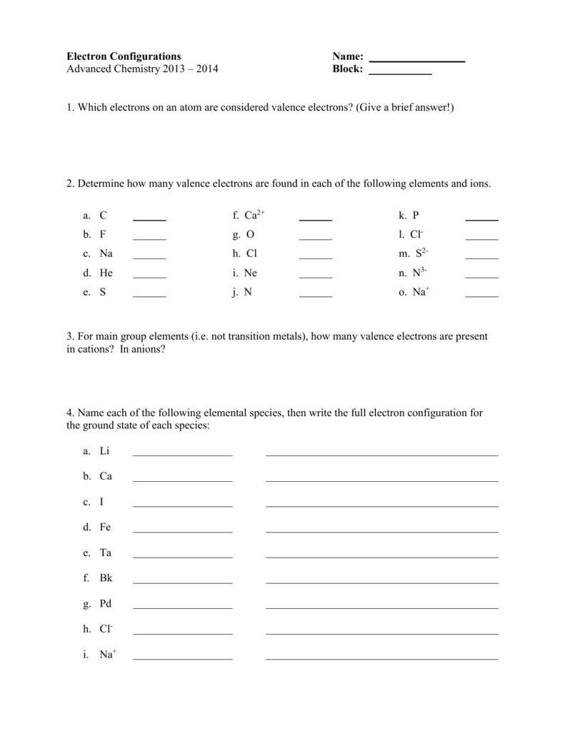 electron configuration worksheet