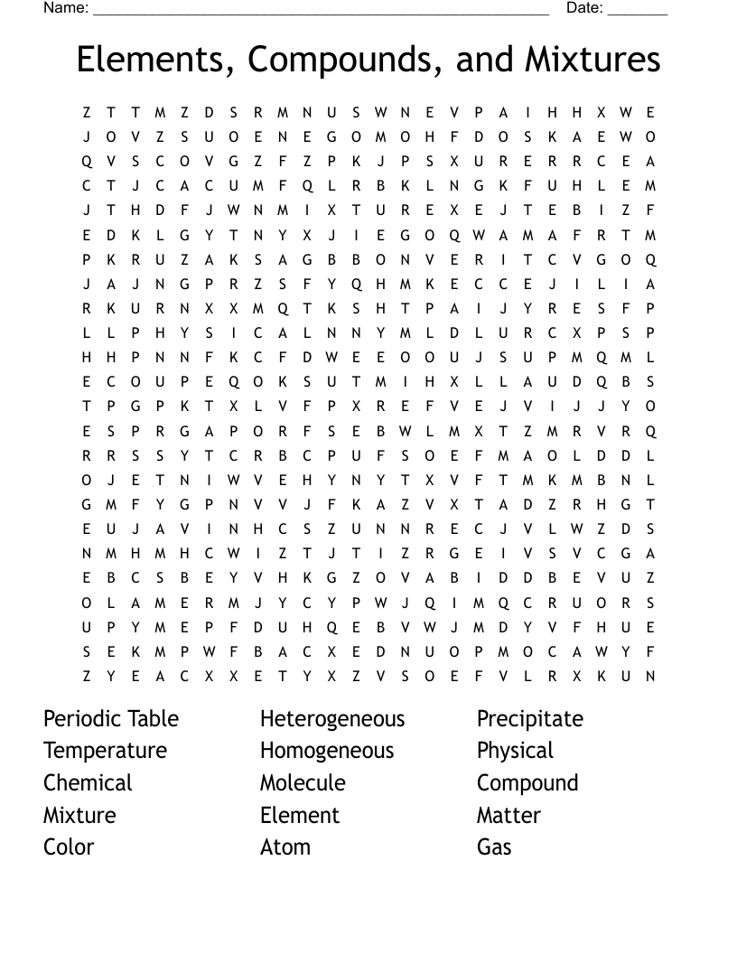 Elements Compounds And Mixtures Word Search WordMint