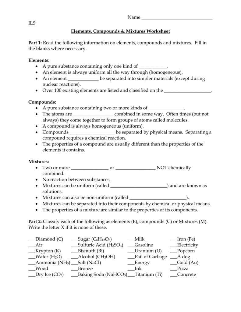 Elements Compounds And Mixtures Worksheet