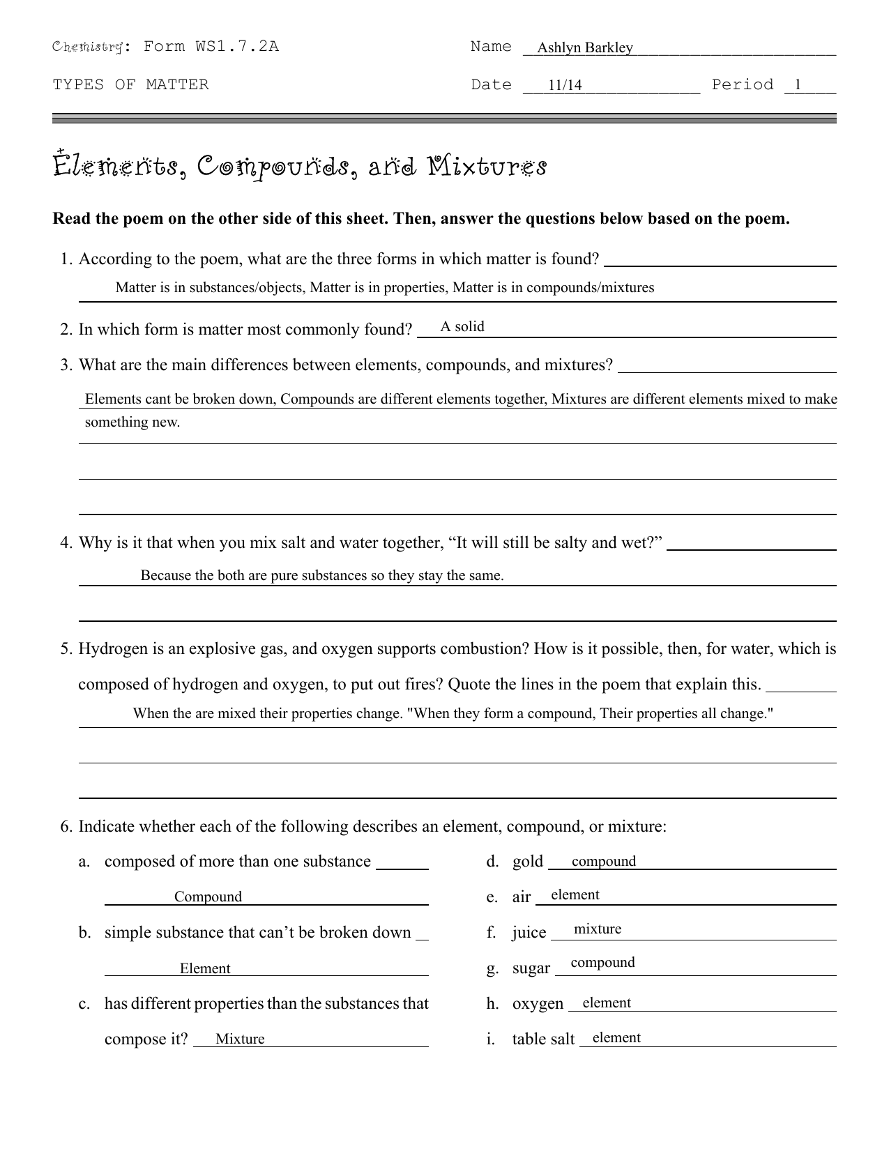 compounds mixtures and elements worksheet