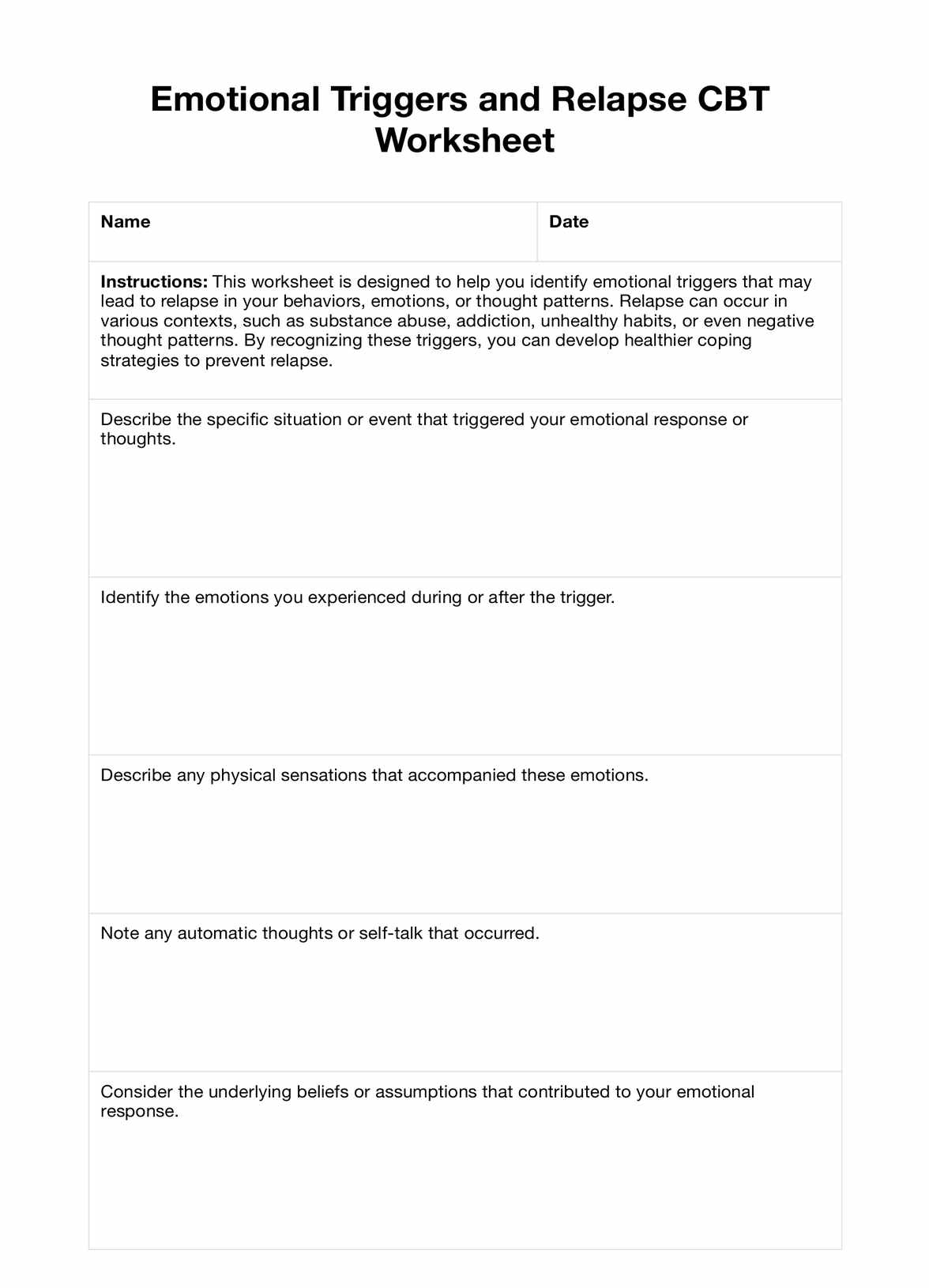 Emotional Triggers And Relapse CBT Worksheets