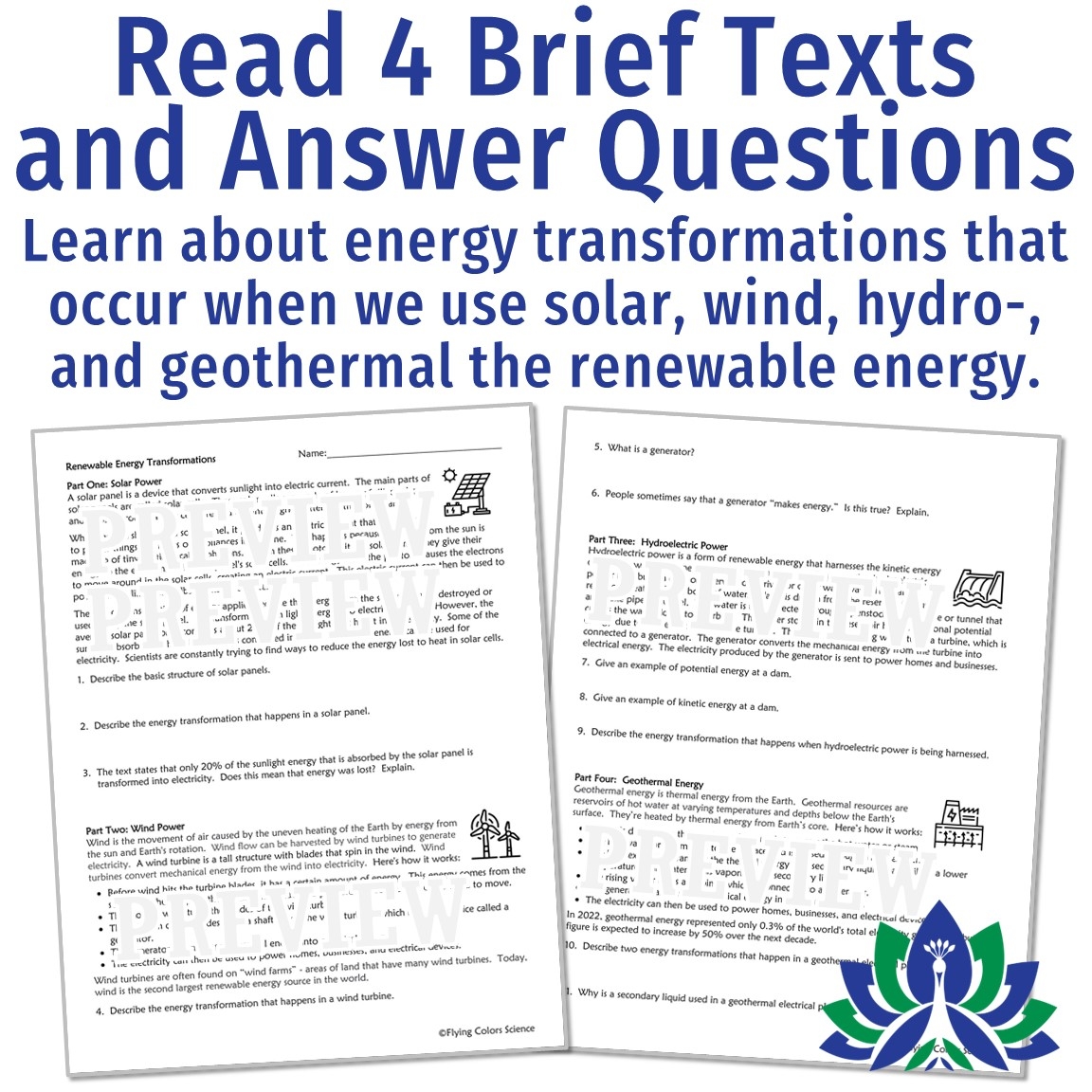 Energy Transformations Worksheet with Renewable Energy Flying Colors Science