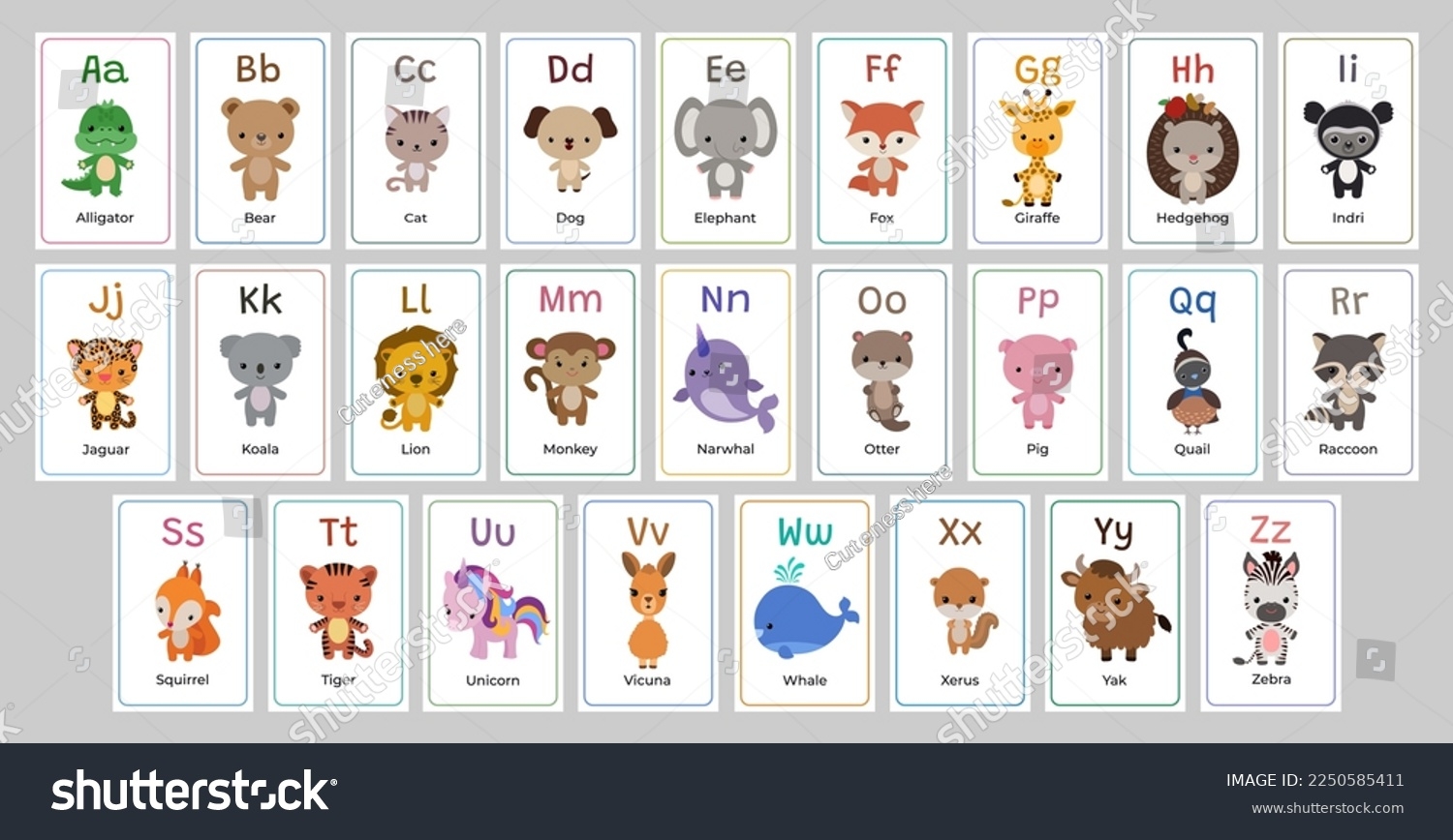 English Alphabet Flashcards Animals Letters Cute Stock Vector Royalty Free 2250585411 Shutterstock