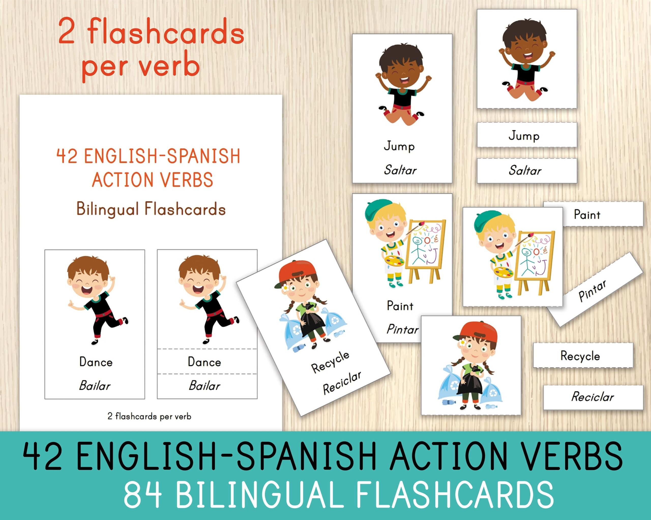 English spanish Action Verbs 42 Verbs 84 Bilingual Flashcards Kindergarten Primary School Homeschool Montessori Spanish Classroom Etsy