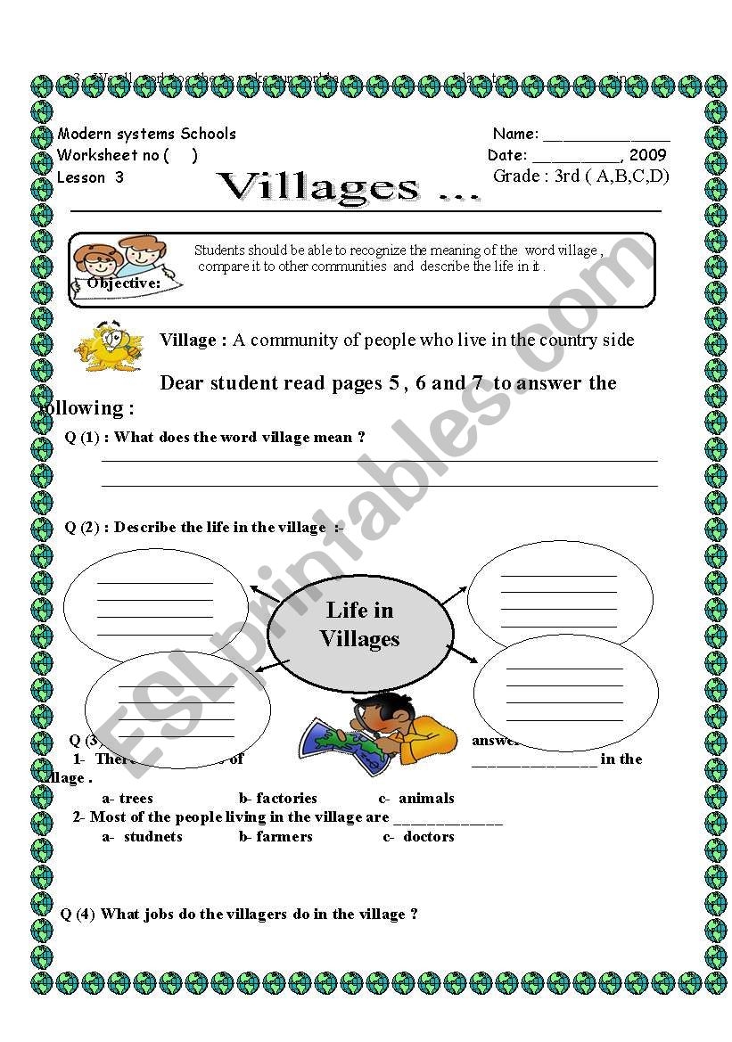 English Worksheets Vilages Social Studies