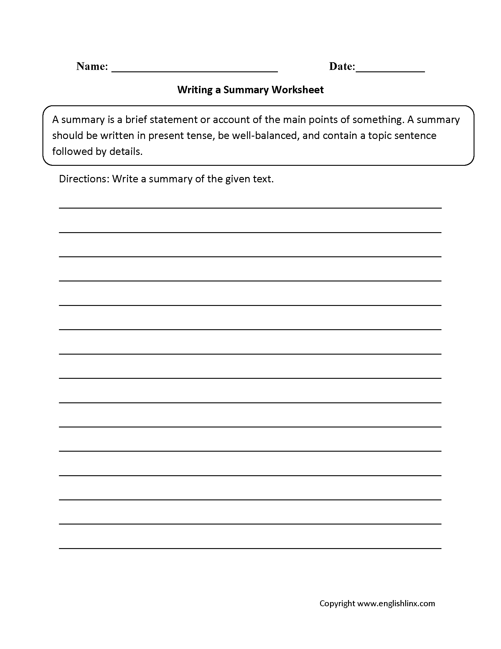 Englishlinx Summary Worksheets Worksheets Library