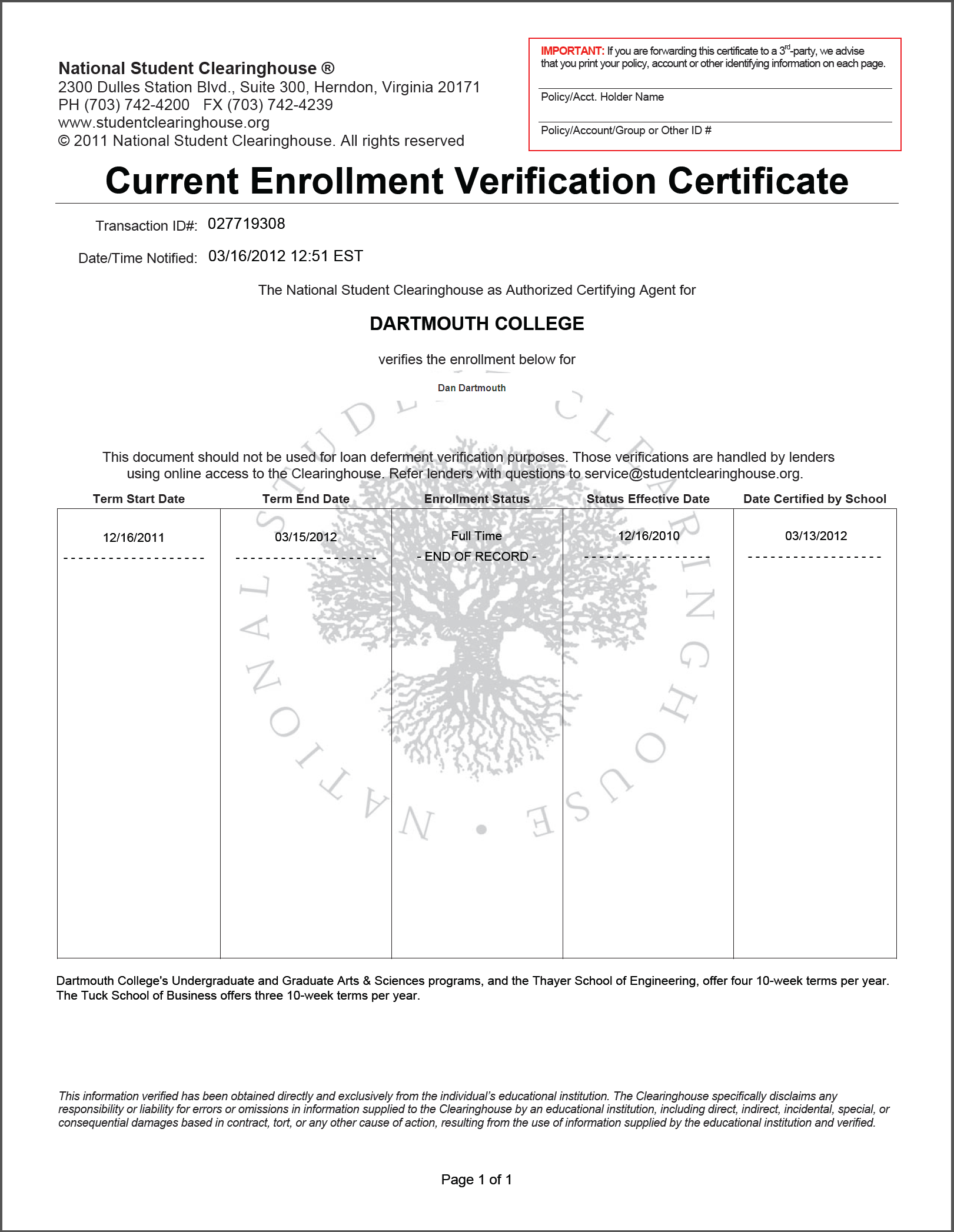 Enrollment Verification Dartmouth Engineering