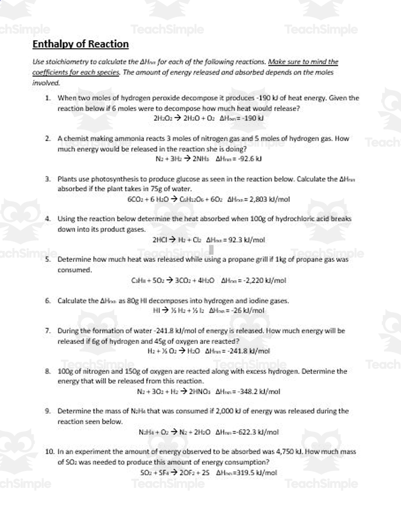 Enthalpy Stoichiometry Practice By Teach Simple