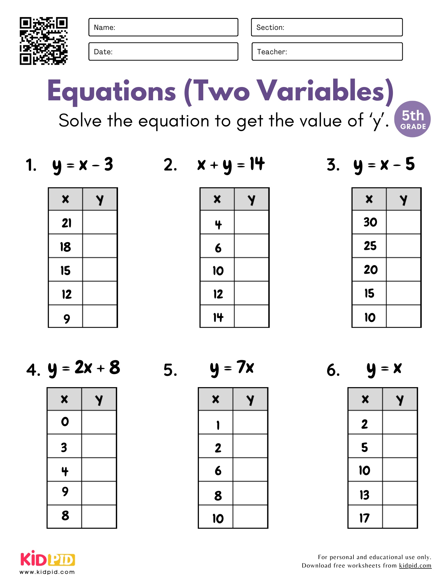 Equations With 2 Variable Worksheets For Grade 5 Kidpid