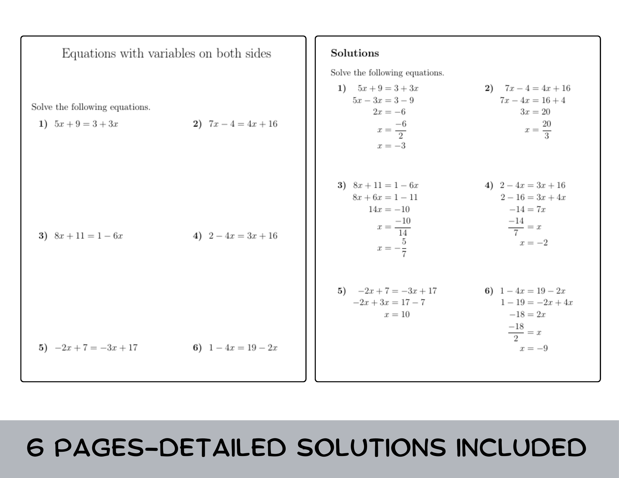 Equations With Variables On Both Sides Worksheet with Solutions Teaching Resources