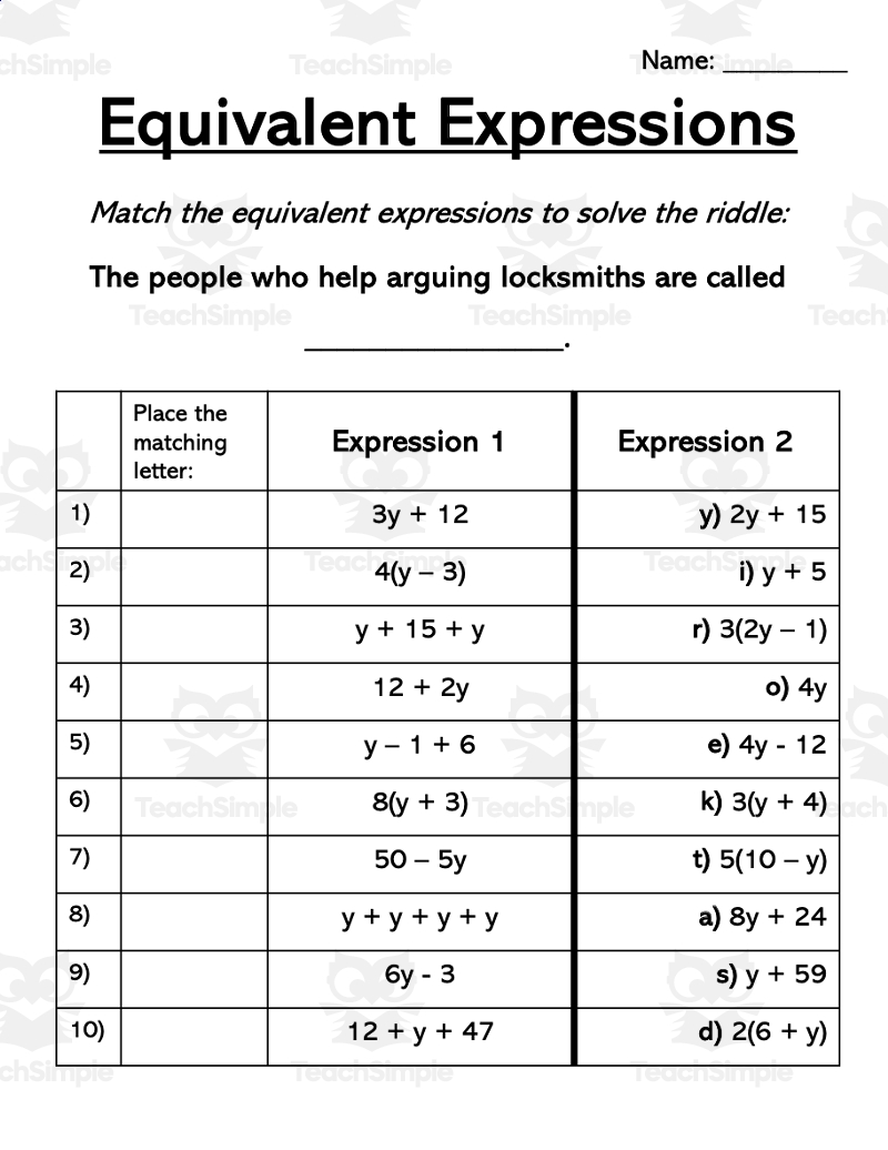 Equivalent Expressions Handout Financial Situations Matching By Teach Simple