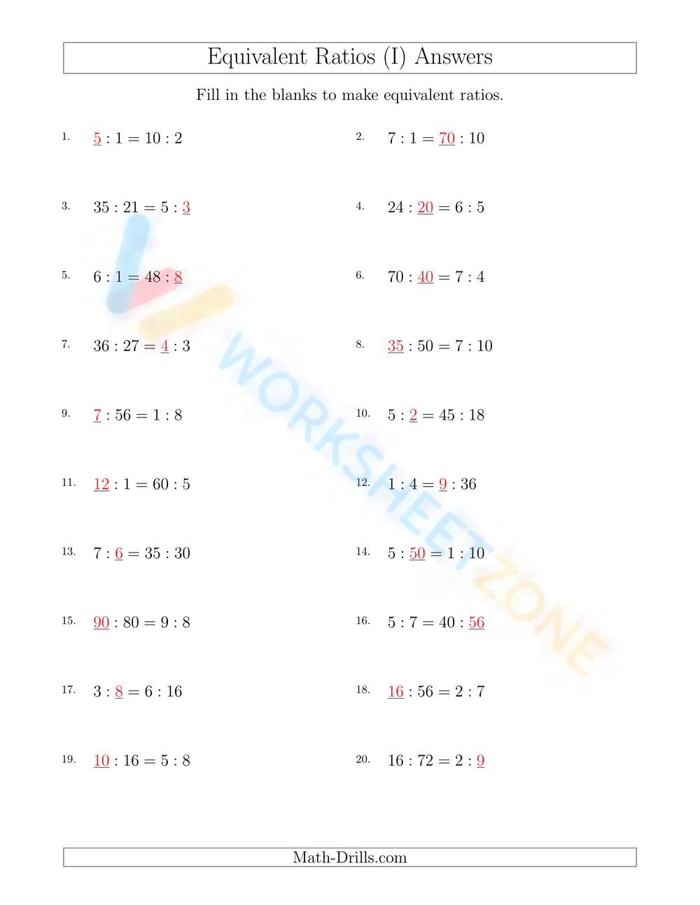 Equivalent Ratios Worksheets