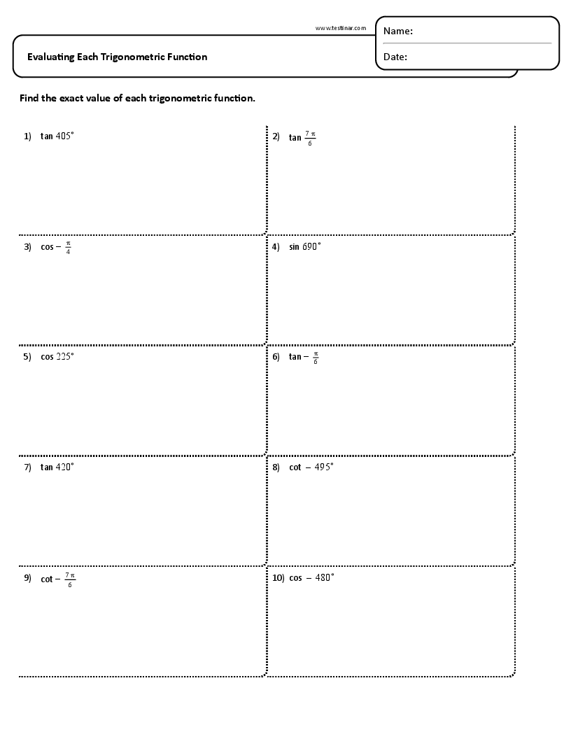 Evaluating Each Trigonometric Function Worksheets