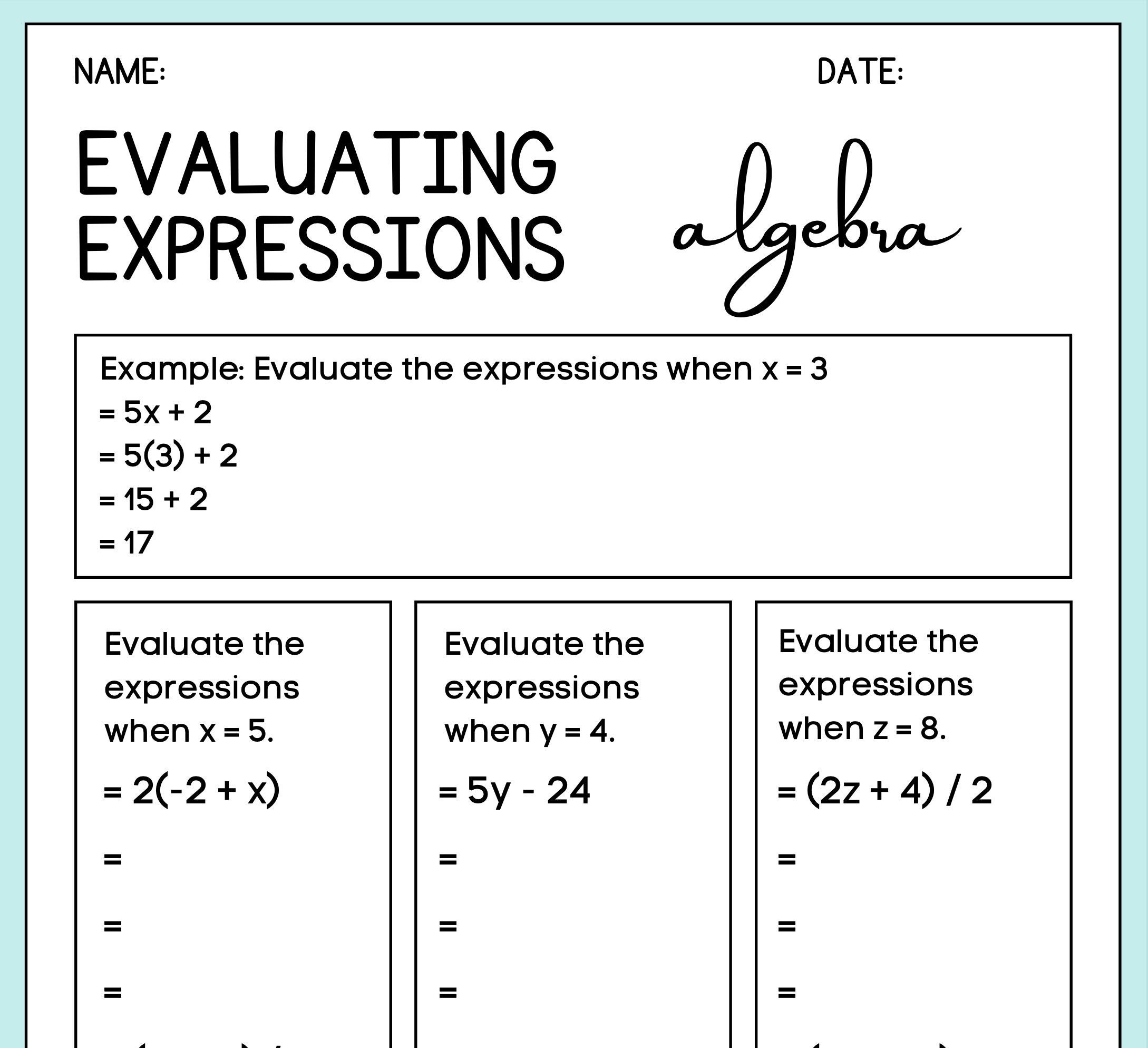 Evaluating Expressions Worksheet Etsy