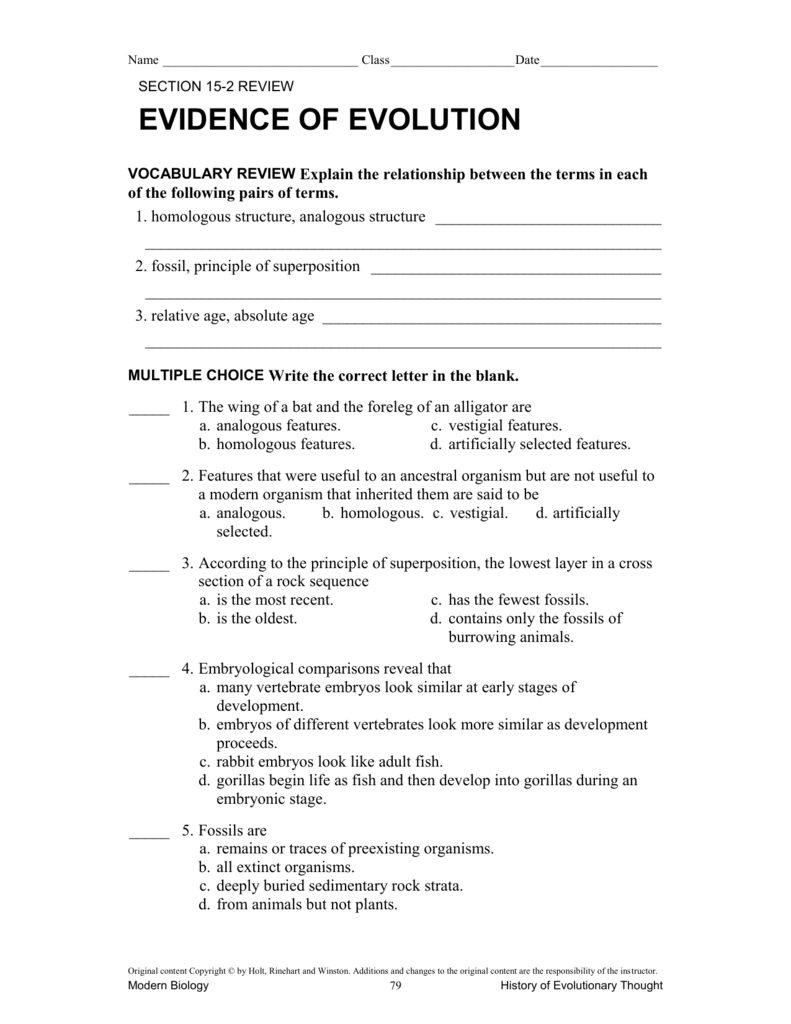 Evidence Of Evolution Worksheet Biology Review