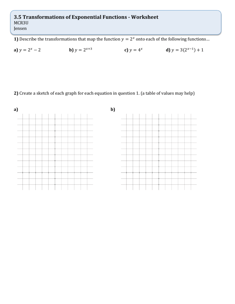Exponential Function Transformations Worksheet MCR3U