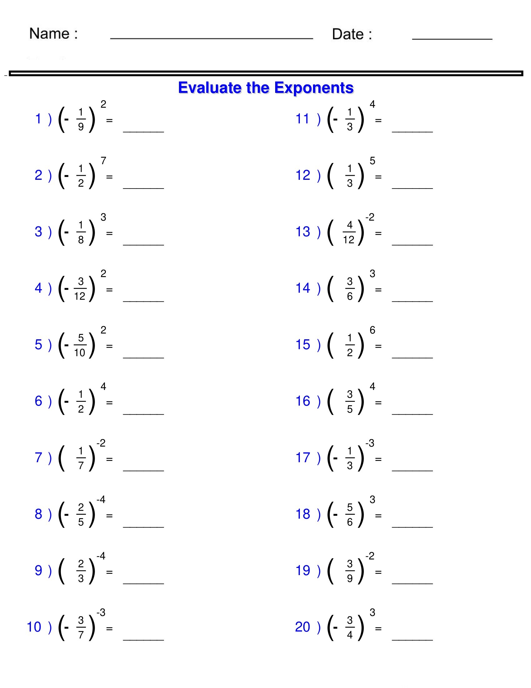 negative exponents worksheet