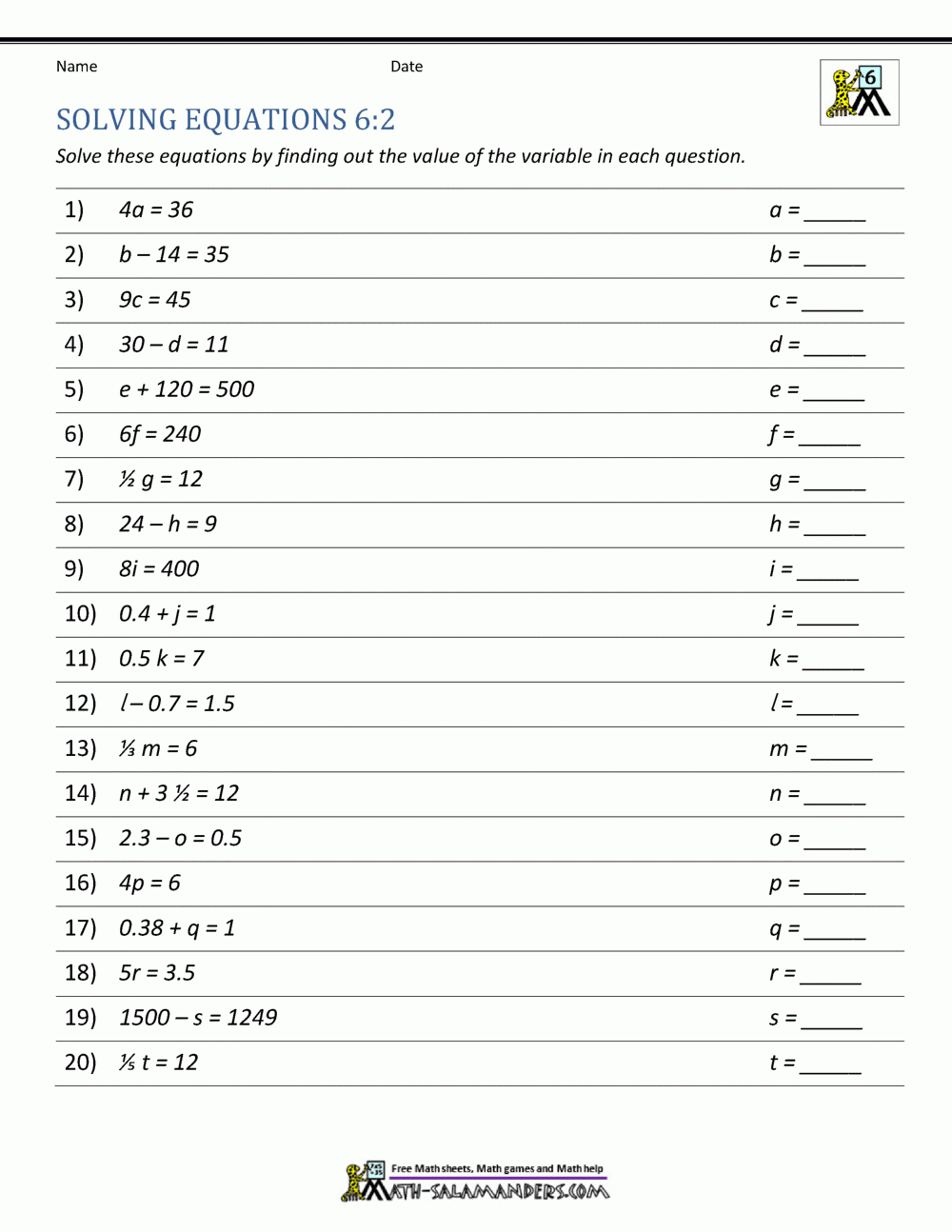 Expressions And Equations 6th Grade