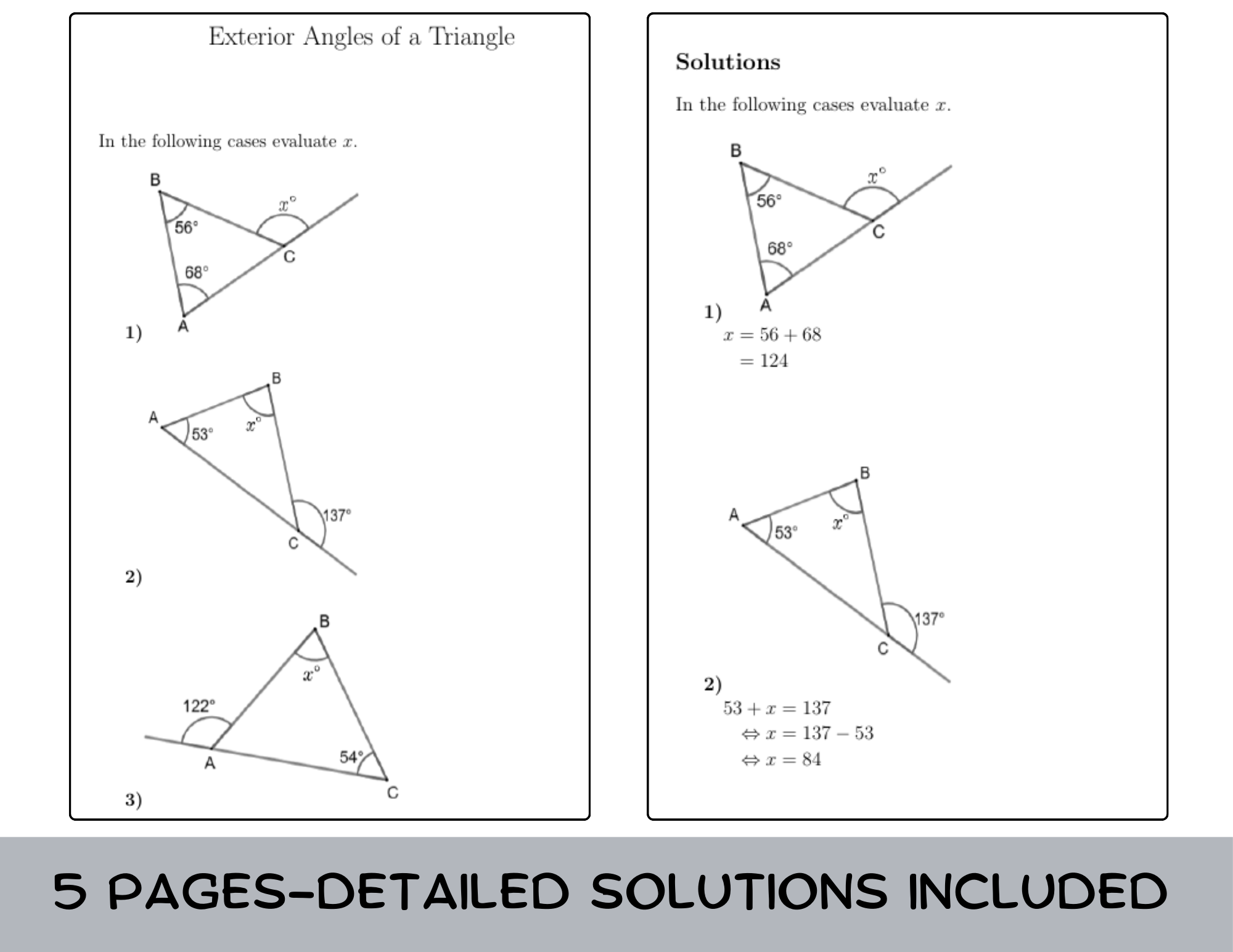 Exterior Angle Theorem Worksheet with Solutions Teaching Resources
