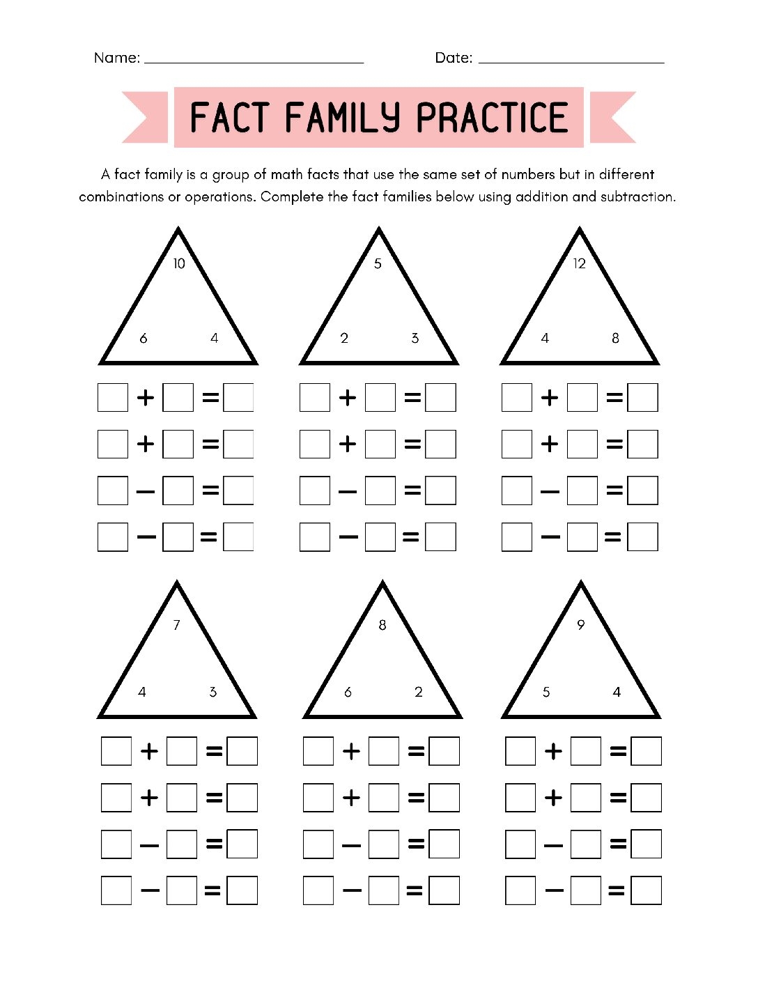 Fact Family Worksheet Bundle Brainy And Nimble