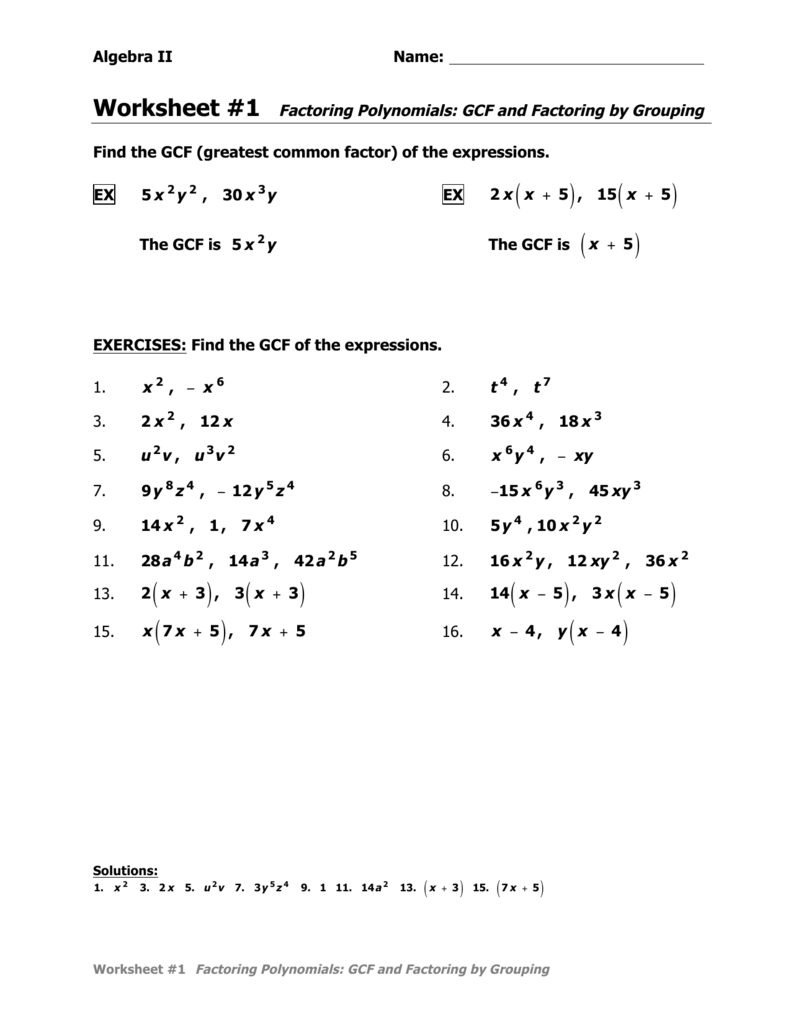 Factoring Polynomials GCF And Grouping Algebra II Worksheet