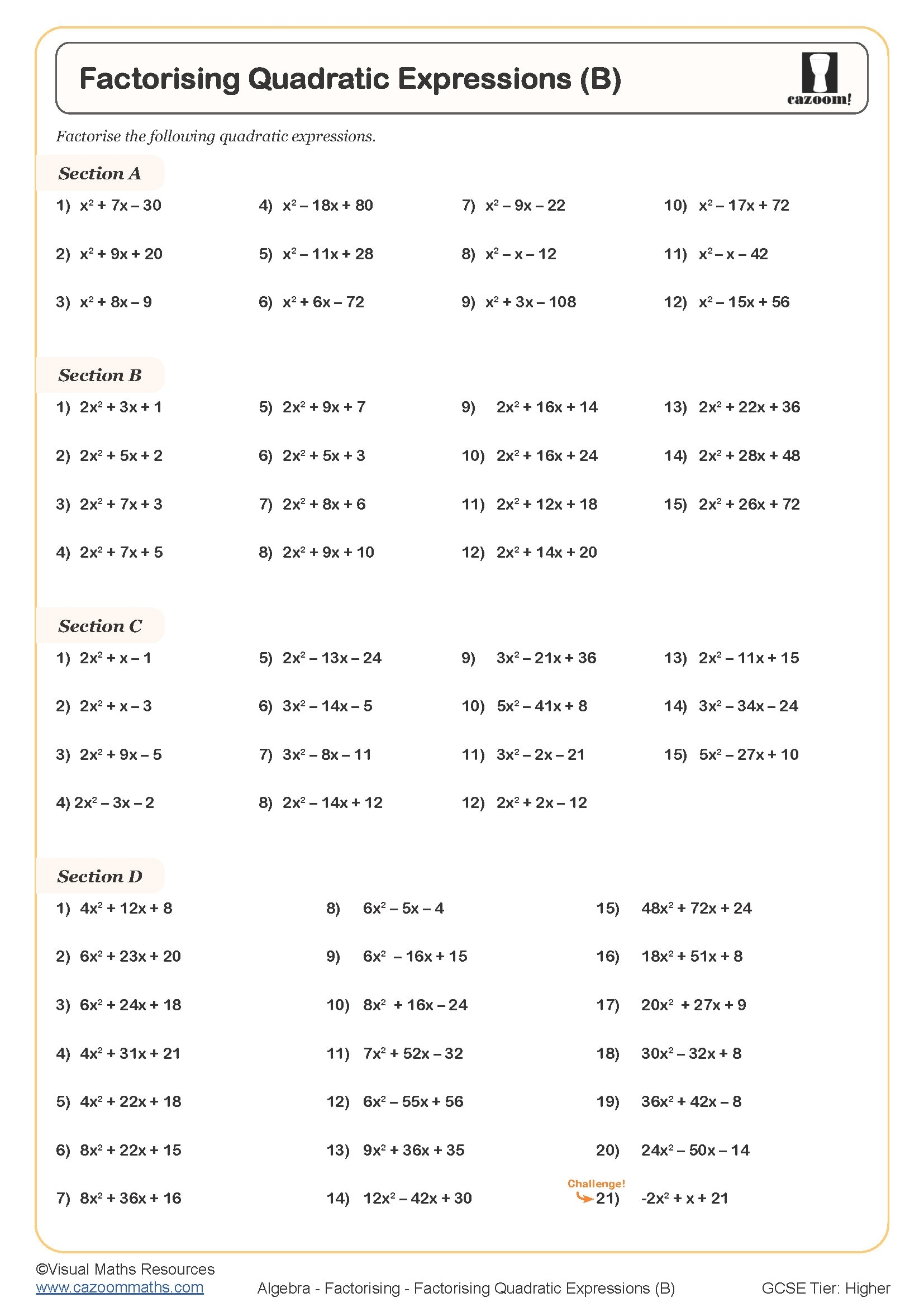 Factorising Quadratic Expressions B Worksheet Cazoom Maths Worksheets