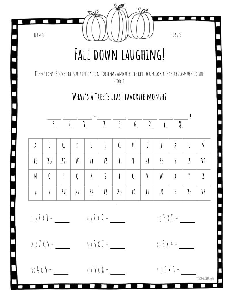 Fall Theme Secret Code Math Riddle Worksheets Multiplication Facts Classful