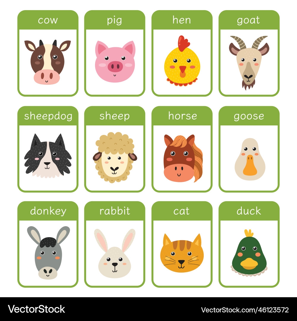Farm Animals Flashcards Set Educational Flash Vector Image