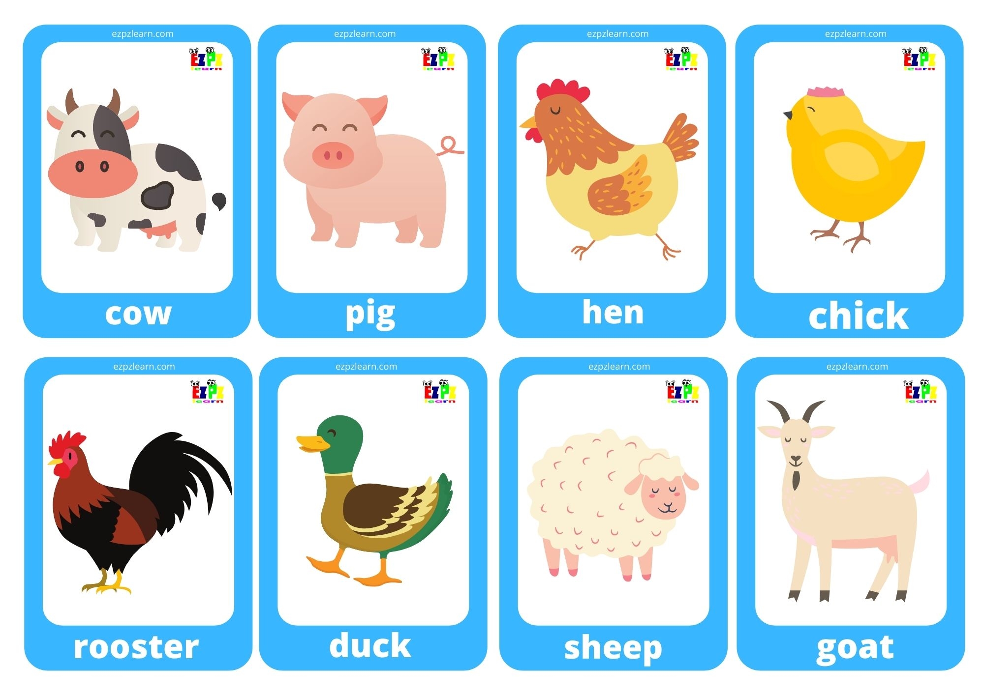 Farm Animals Game Cards Mini Flashcards Ezpzlearn