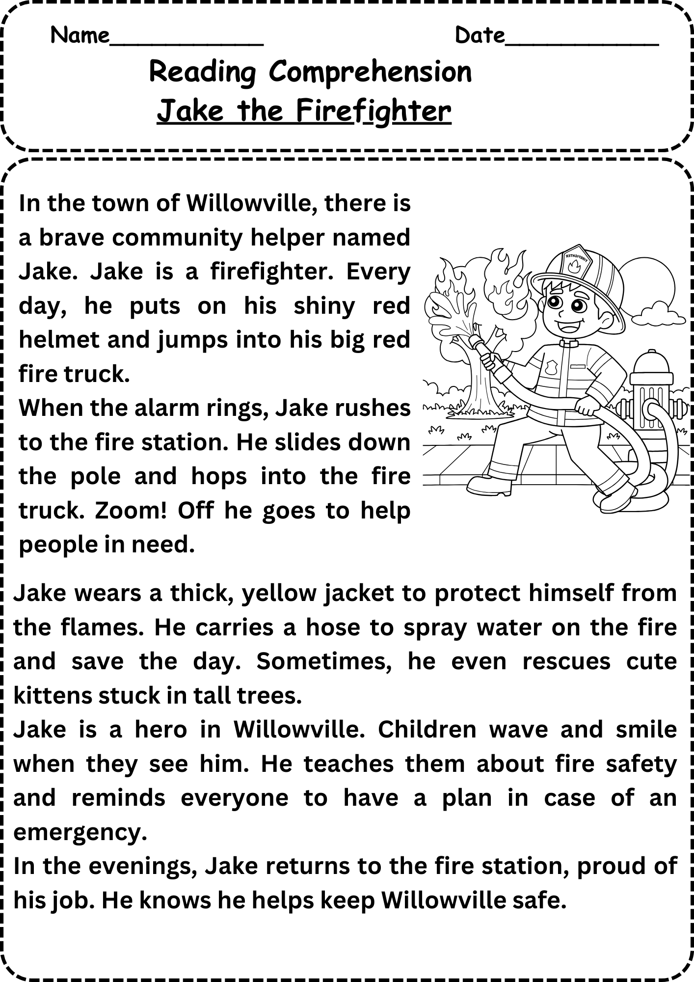 Firefighter Reading Comprehension Worksheet Free Firefighter Reading Comprehension Worksheet Free