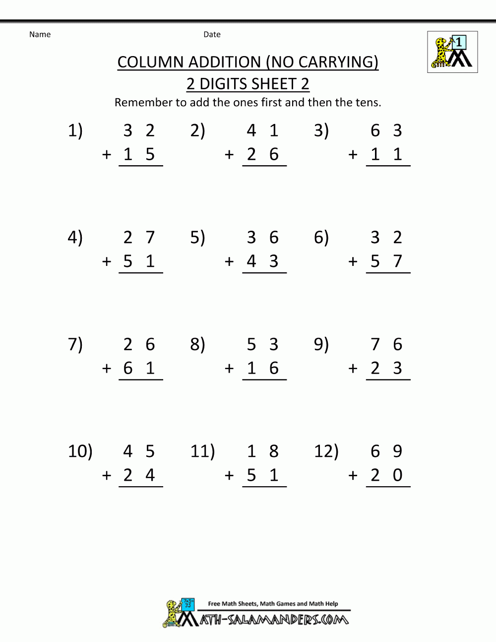 First grade math sheet column addition 2 digits no carrying 2 gif 1000 1294 