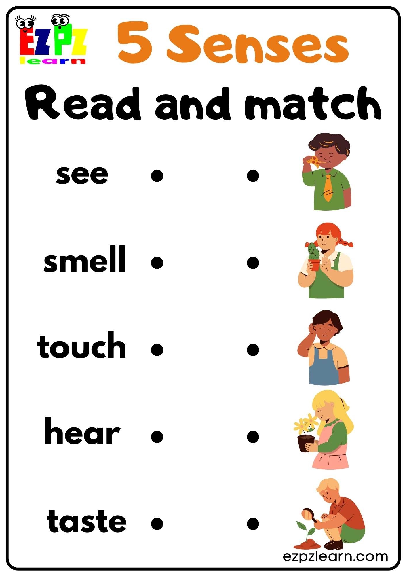 Five Senses Read And Match Worksheet For Kindergarten And ESL Students Free Download Ezpzlearn Five Senses Read And Match Worksheet For Kindergarten And ESL Students Free Download Ezpzlearn