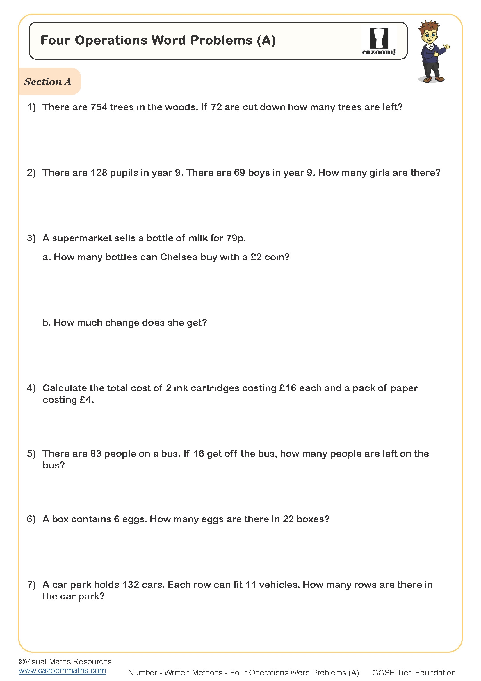 Four Operations Word Problems A Worksheet Cazoom Maths Worksheets