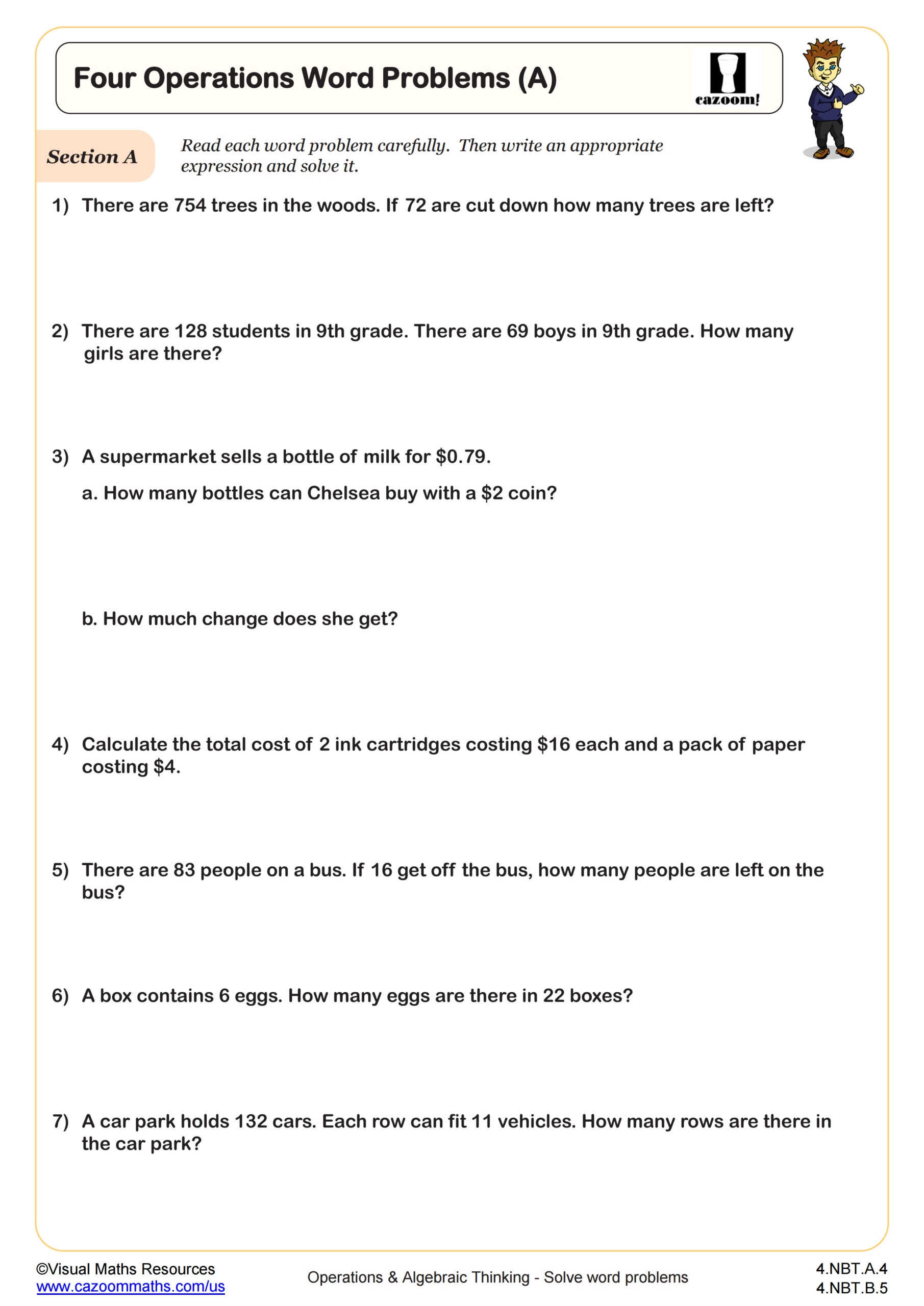 Four Operations Word Problems A Worksheet PDF Printable Operations Algebraic Thinking Worksheet Cazoom Math