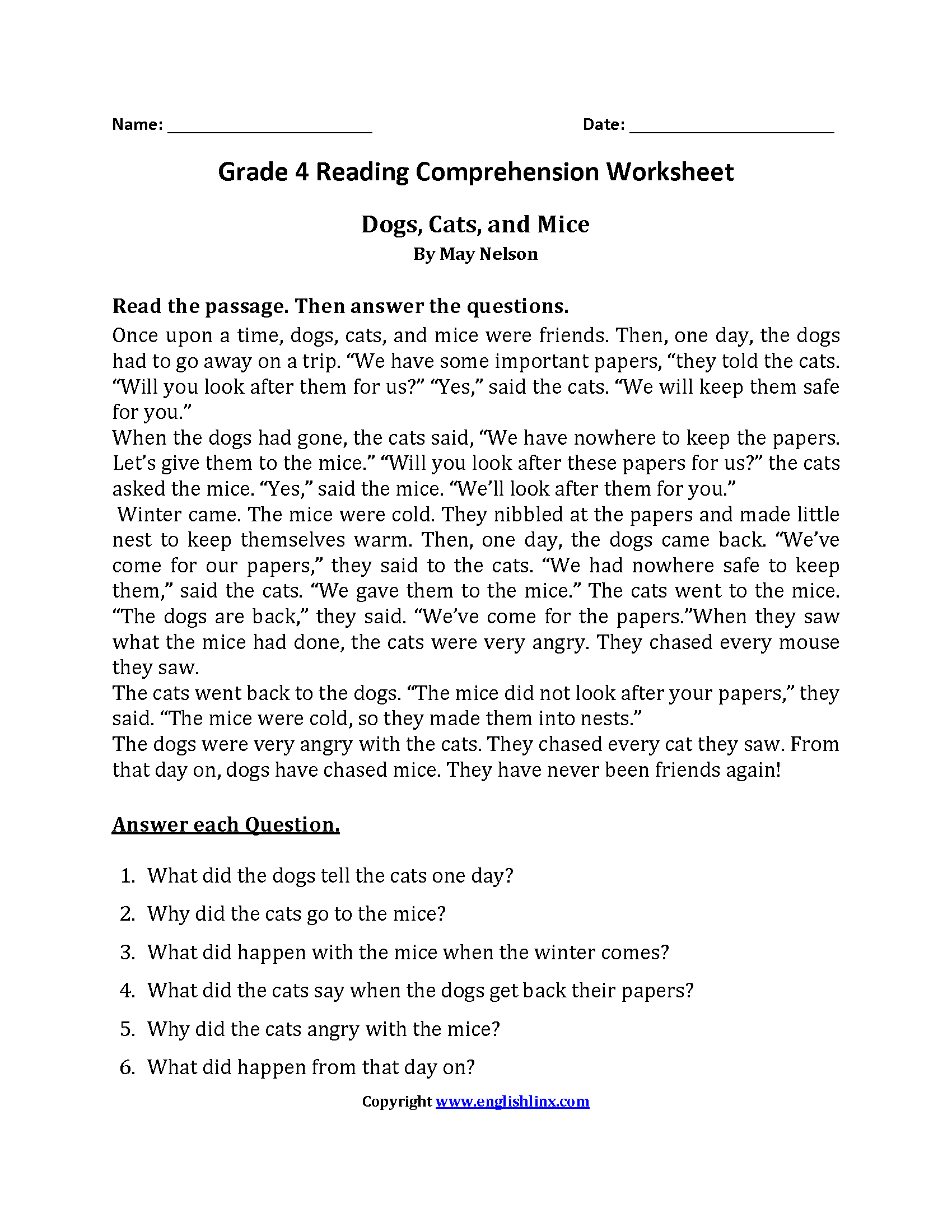 Fourth Grade Reading Worksheets Improve Fluency Comprehension