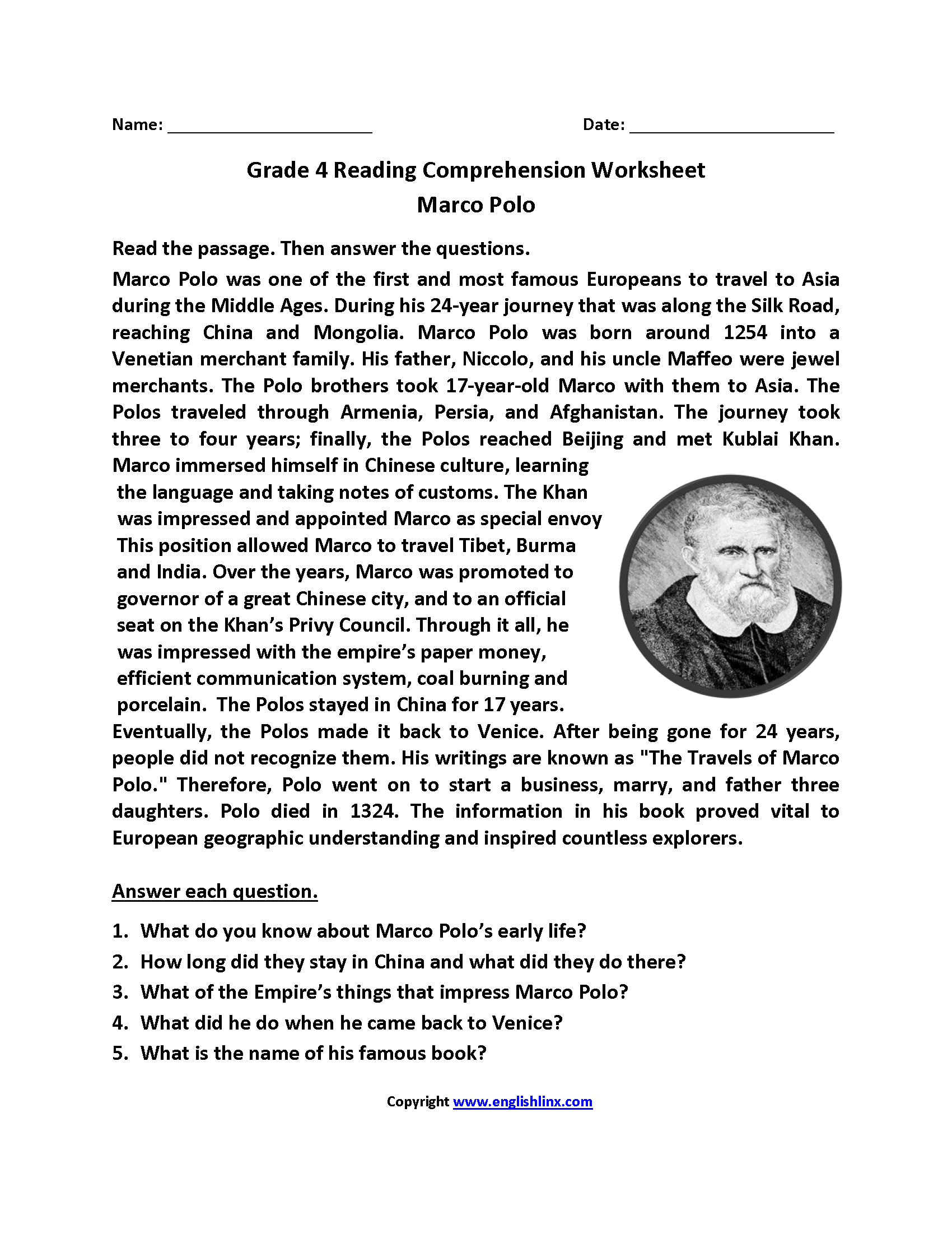 reading worksheets 4th grade