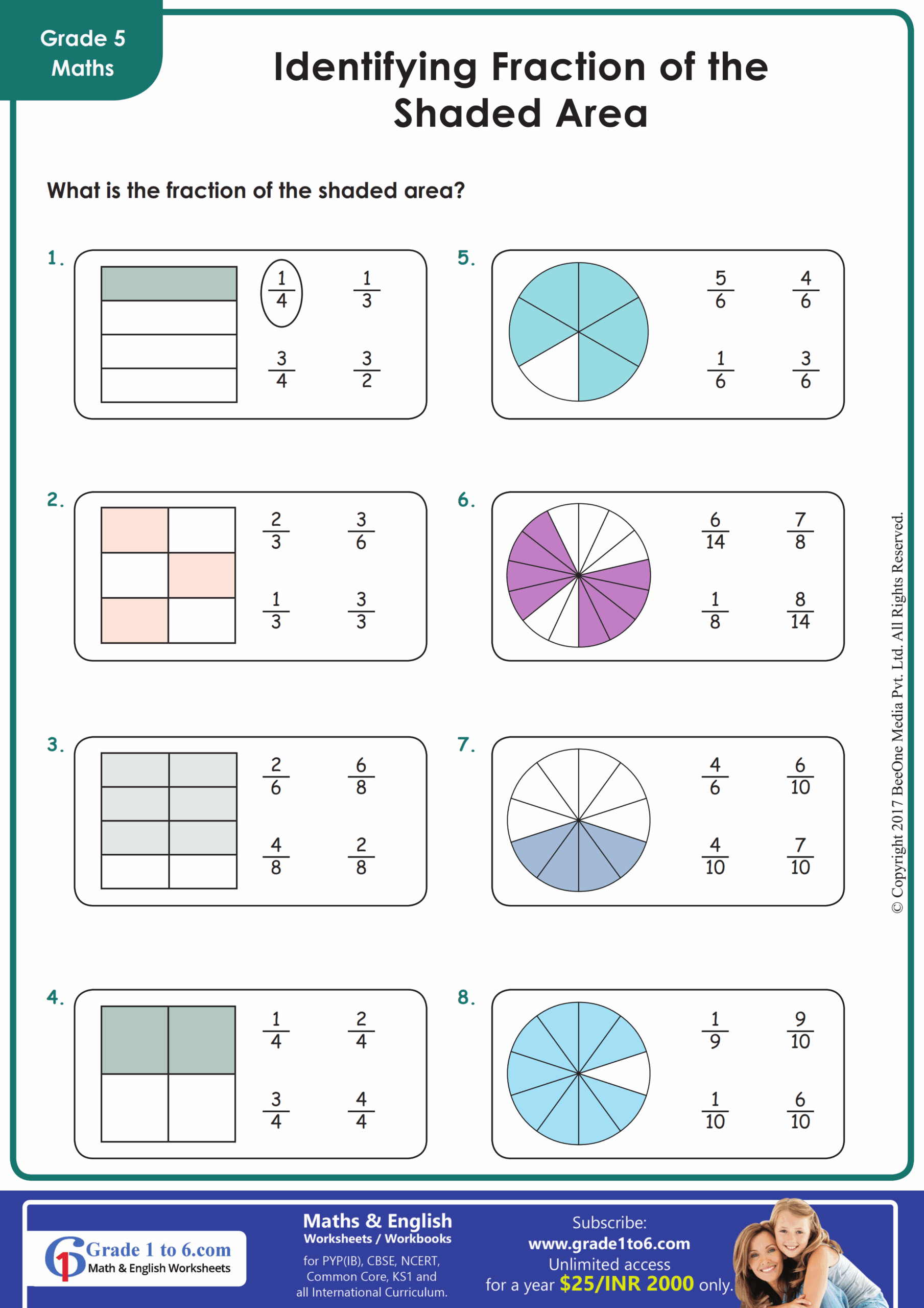 Fraction Of Shaded Area Worksheets Grade1to6