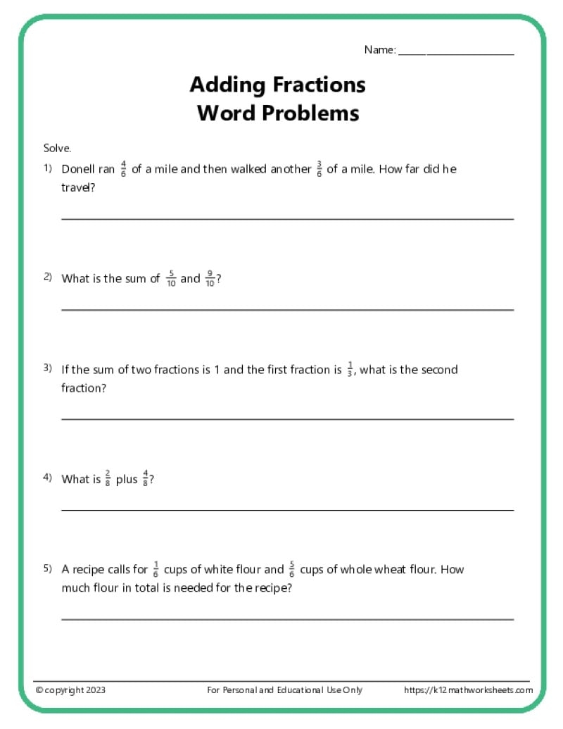 Fraction Word Problems Worksheets K12 Math Worksheets