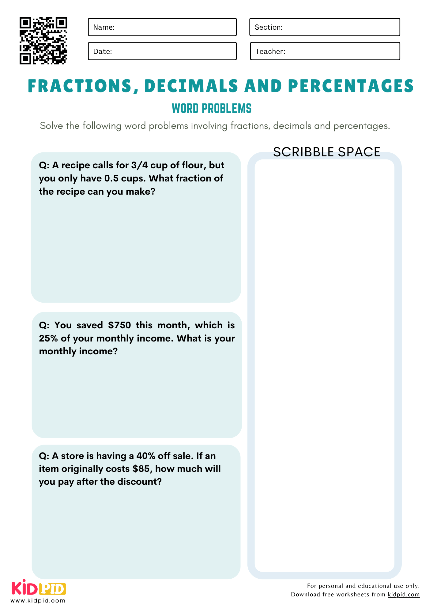 Fractions Decimals And Percentages Word Problem Maths Worksheet For Grade 6 Kidpid