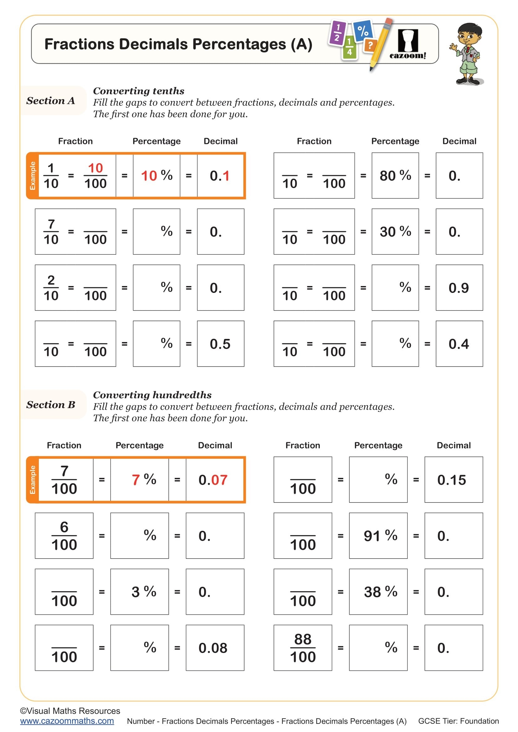 Fractions Decimals Percentages A Worksheet Printable Maths Worksheets