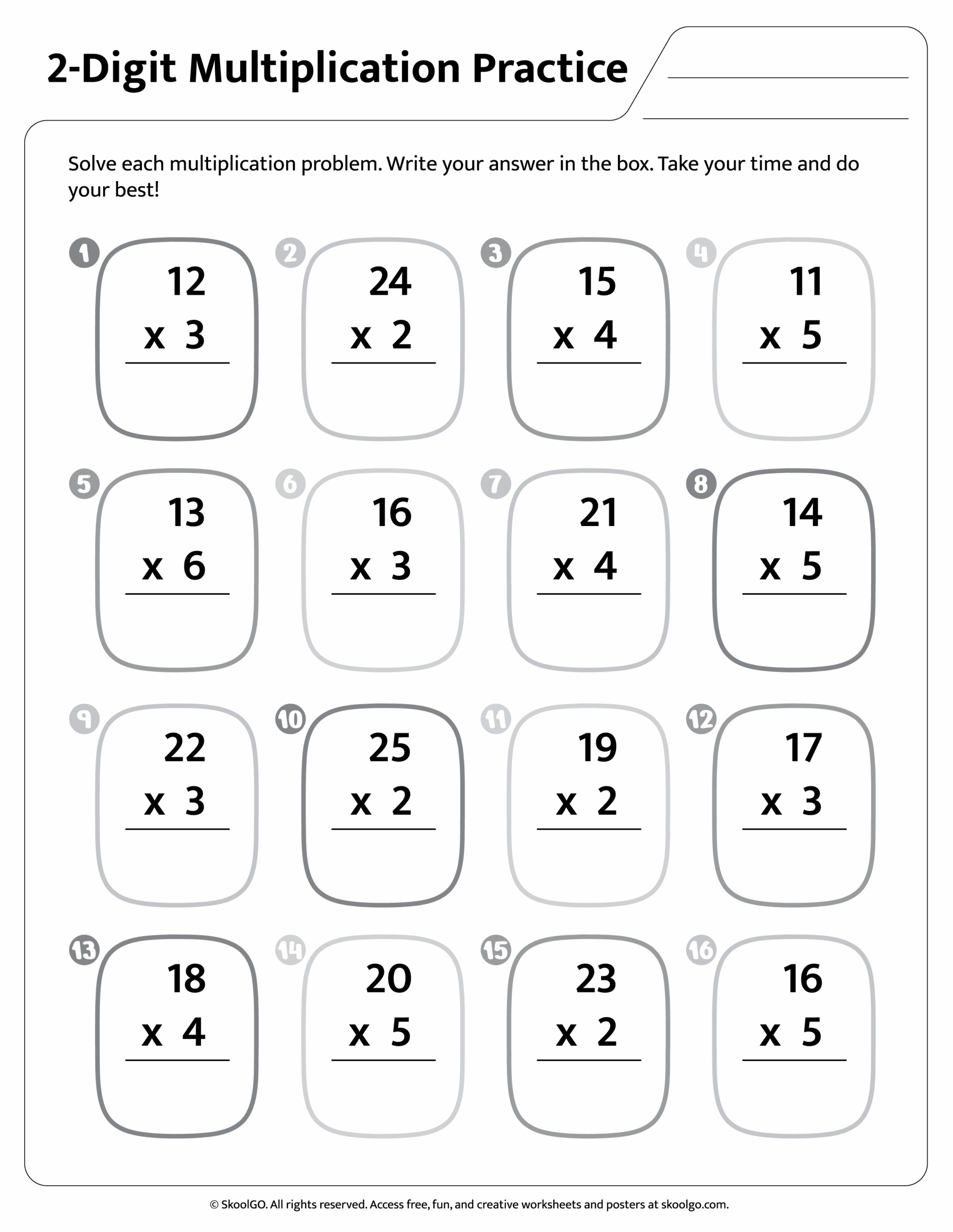 Free 2 Digit Multiplication Worksheet For Grades 2 4