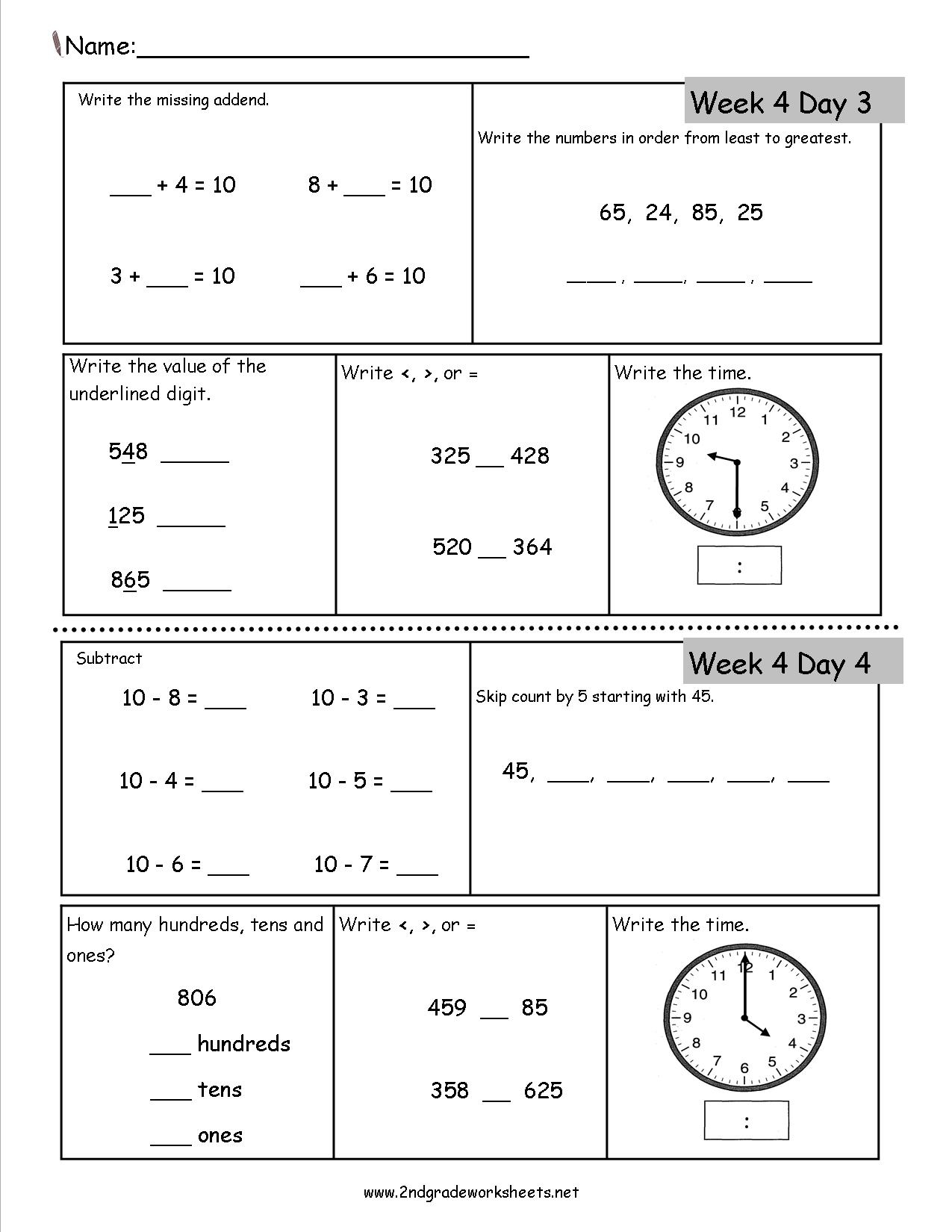 free printable second grade math worksheets