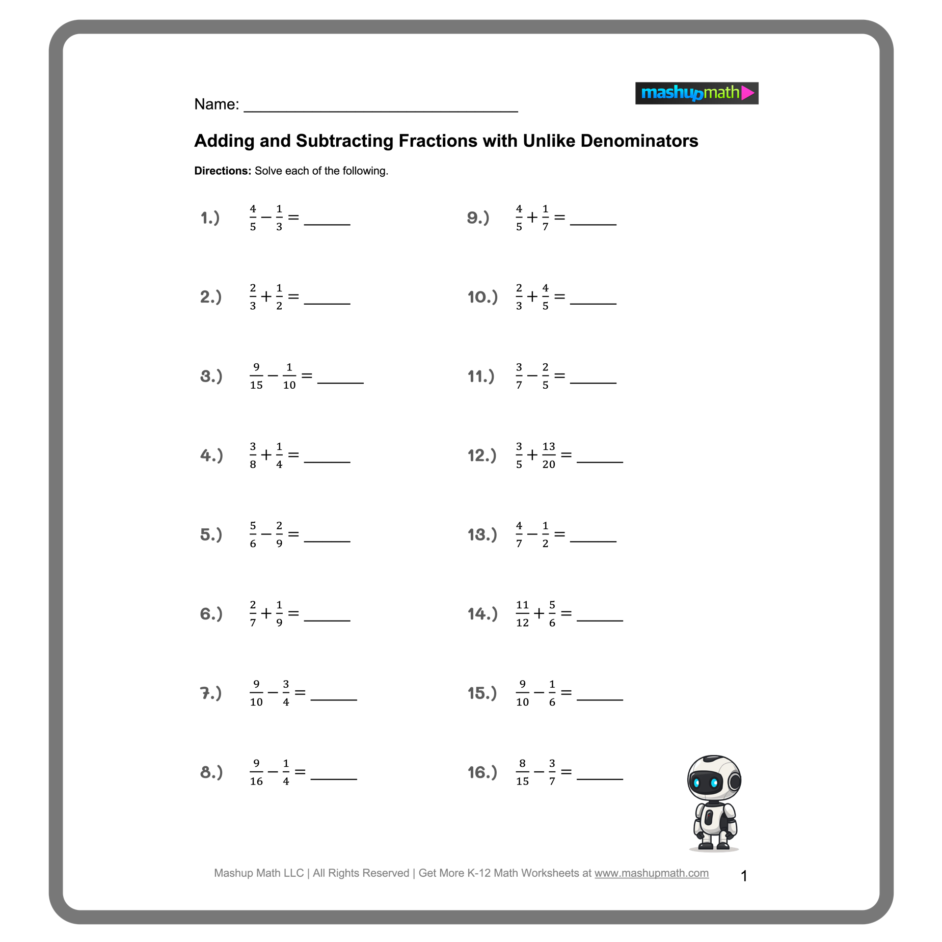 adding fractions with unlike denominators worksheet