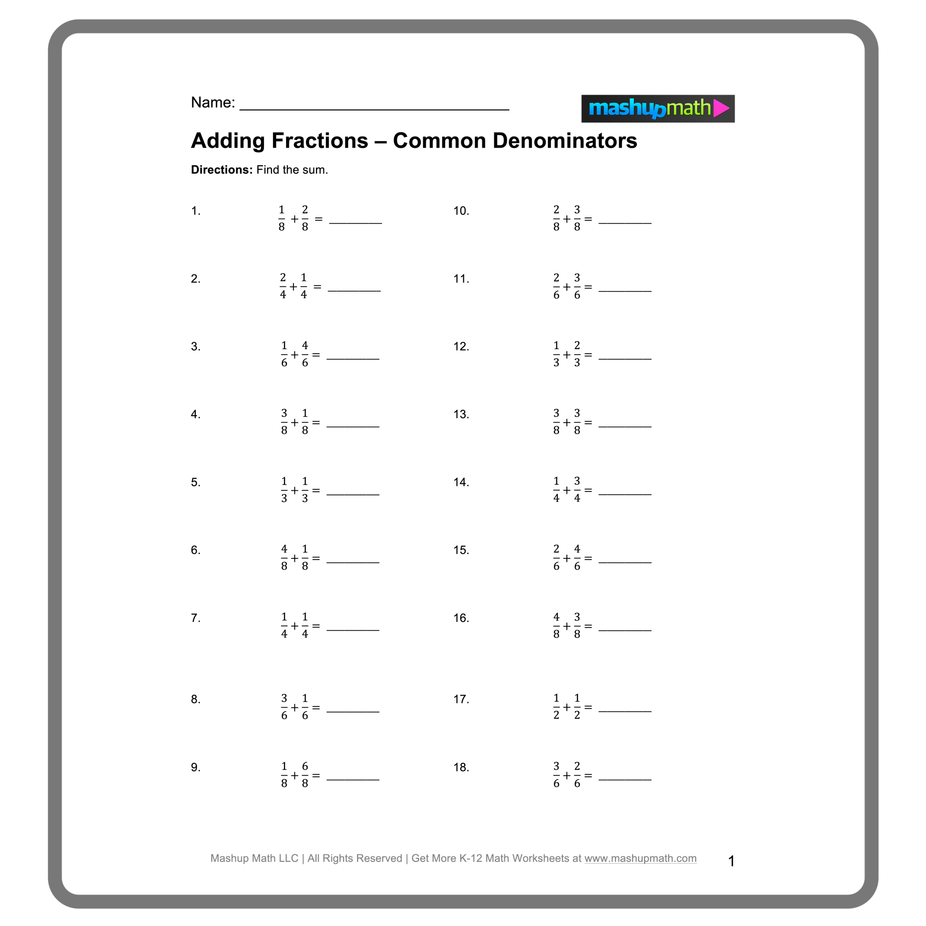 adding and subtracting fractions worksheet