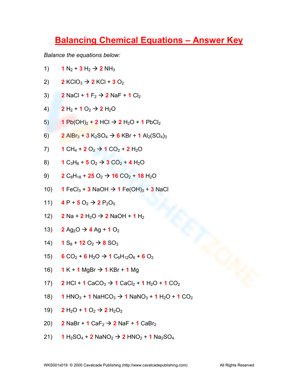 balancing chemical equations worksheet answer key