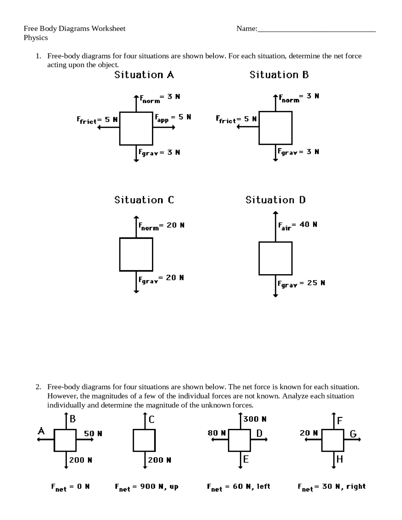 Free Body Diagrams Worksheet Determining Net And Individual Forces In Physics Scenarios Study Notes Physics Docsity