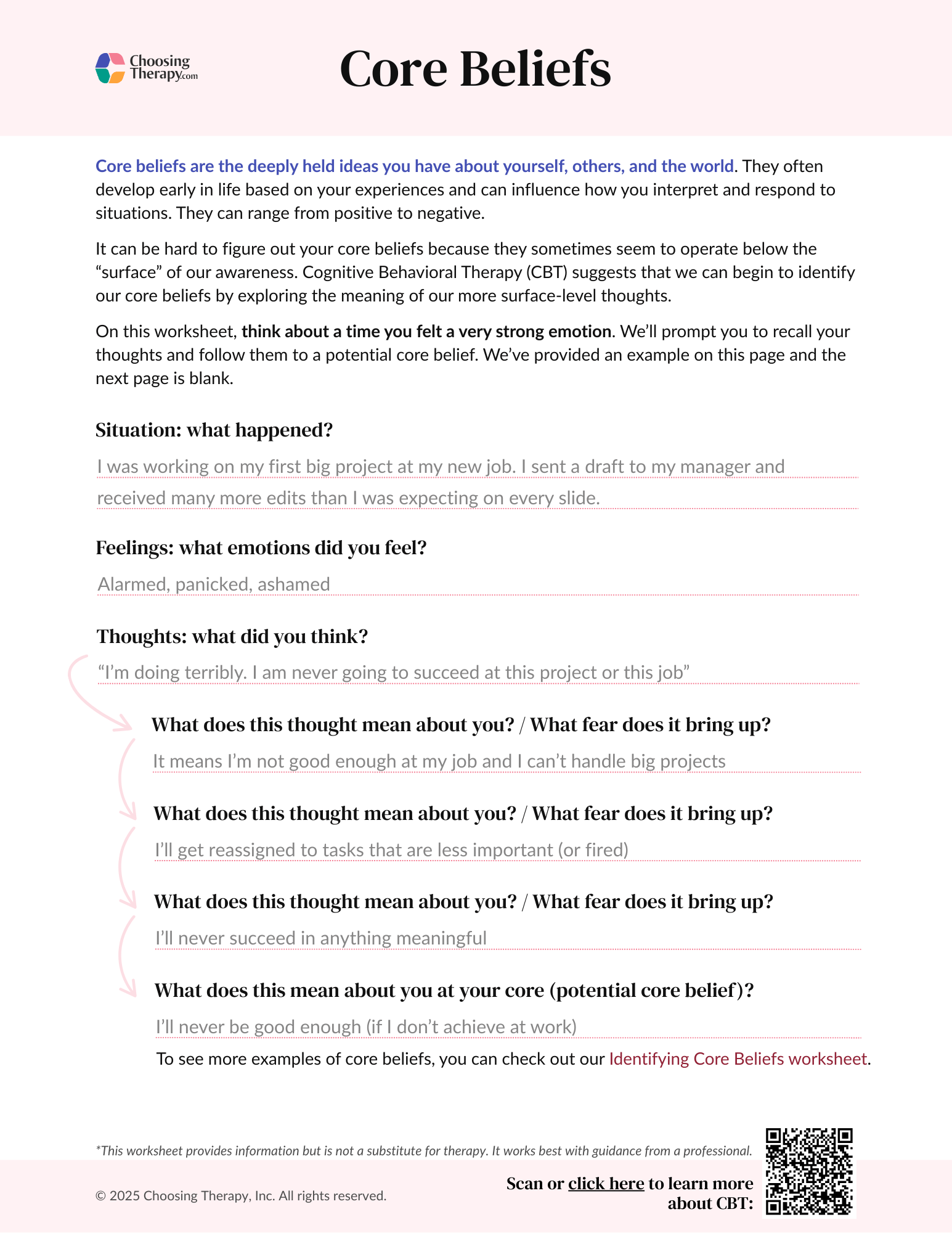 Free Core Beliefs Worksheet Printable PDF ChoosingTherapy